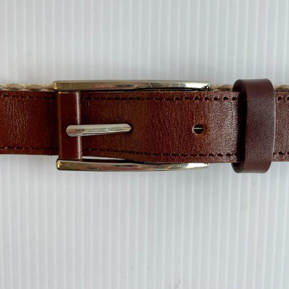 Leather Woven Elastic Belt Unisex S Silver Buckle Preppy Collegiate Classic - Picture 6 of 10